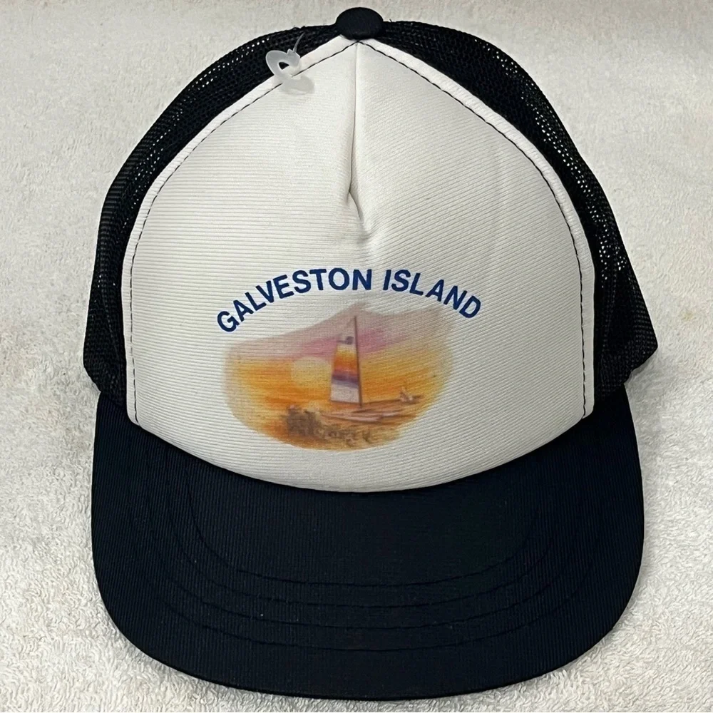 Galveston Island Art on Black & White Adjustable Snap Back Trucker Hat